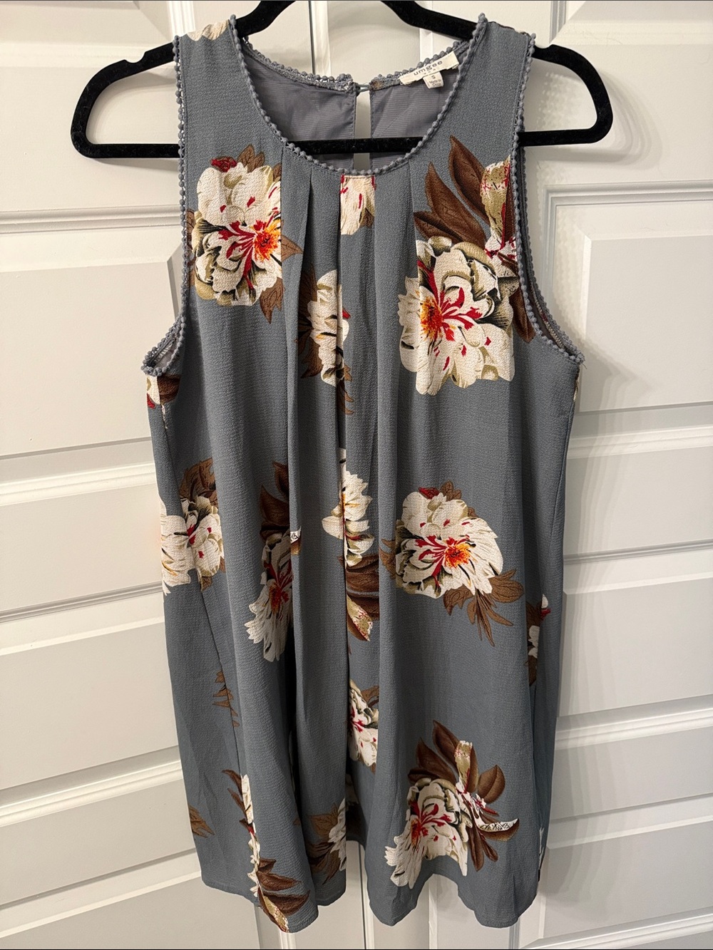 Umgee Gray Sleeveless Floral Mini Dress with Cream & Brown Accents